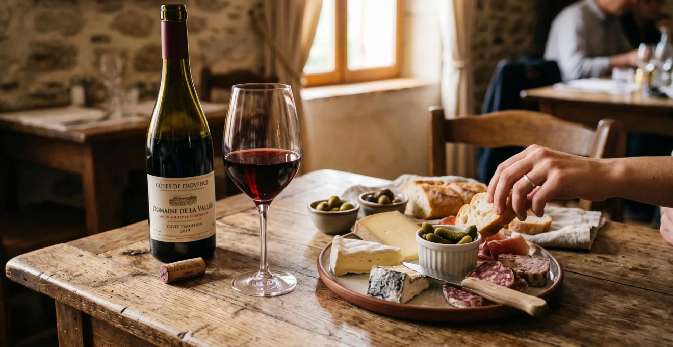 Table rustique avec bouteille de vin artisanal ouverte, verre de vin rouge et plateau de fromages et charcuterie