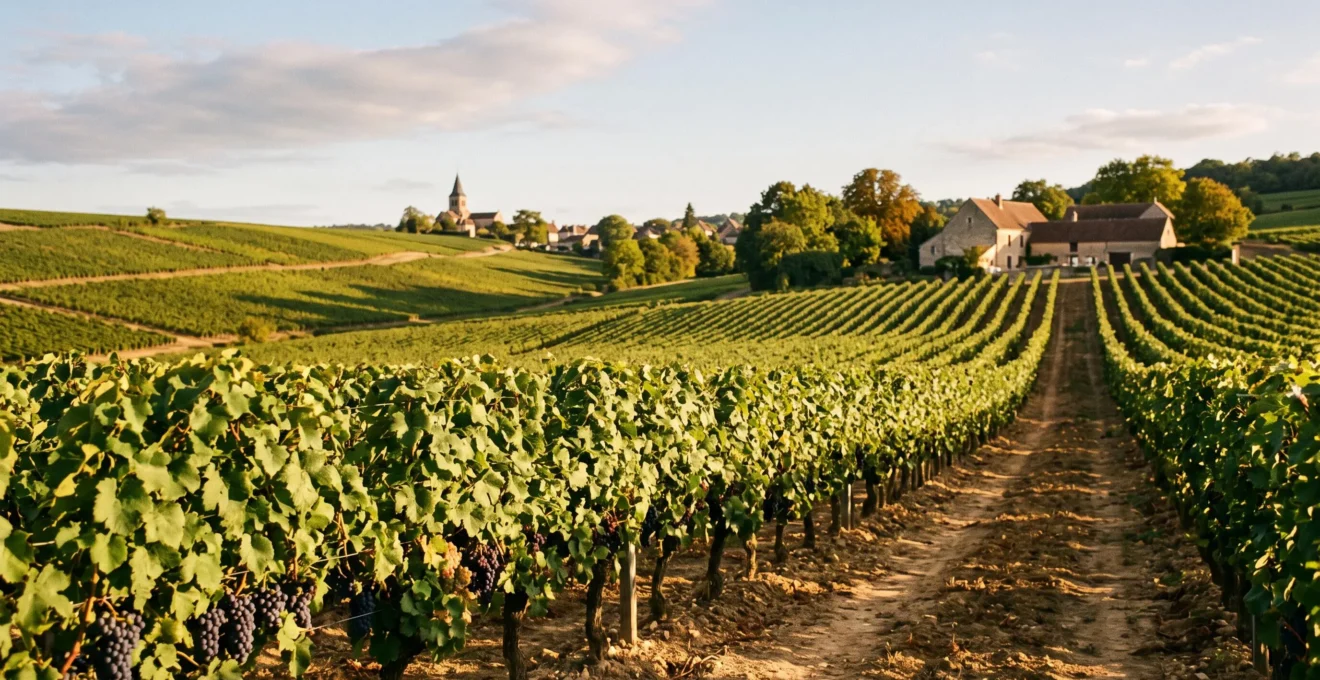 Rangées de vignes alignées sur des collines dans un vignoble français en fin d'été sous lumière dorée