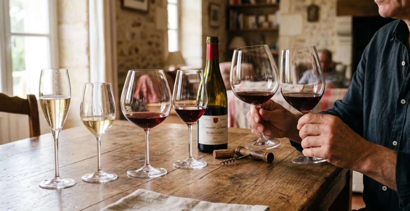 Plusieurs verres à vin de formes différentes alignés sur une table en bois.