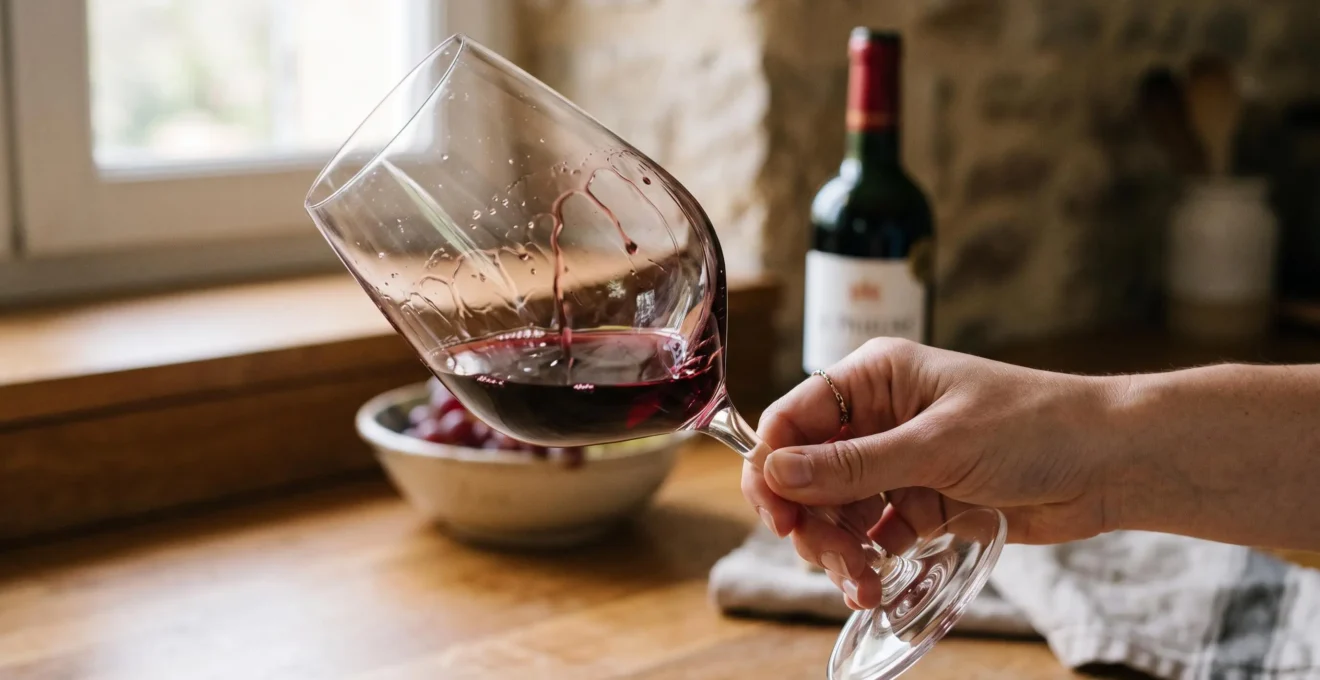 Une main fait tourner du vin rouge dans un verre universel pour observer ses arômes.